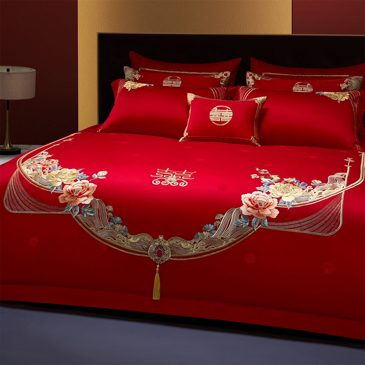 91家纺网 家纺一手货源 找家纺 美娘阁 2025新款长绒棉全棉贡缎提花款新中式古典韵味精美刺绣婚庆四件套-系列一 国色天香