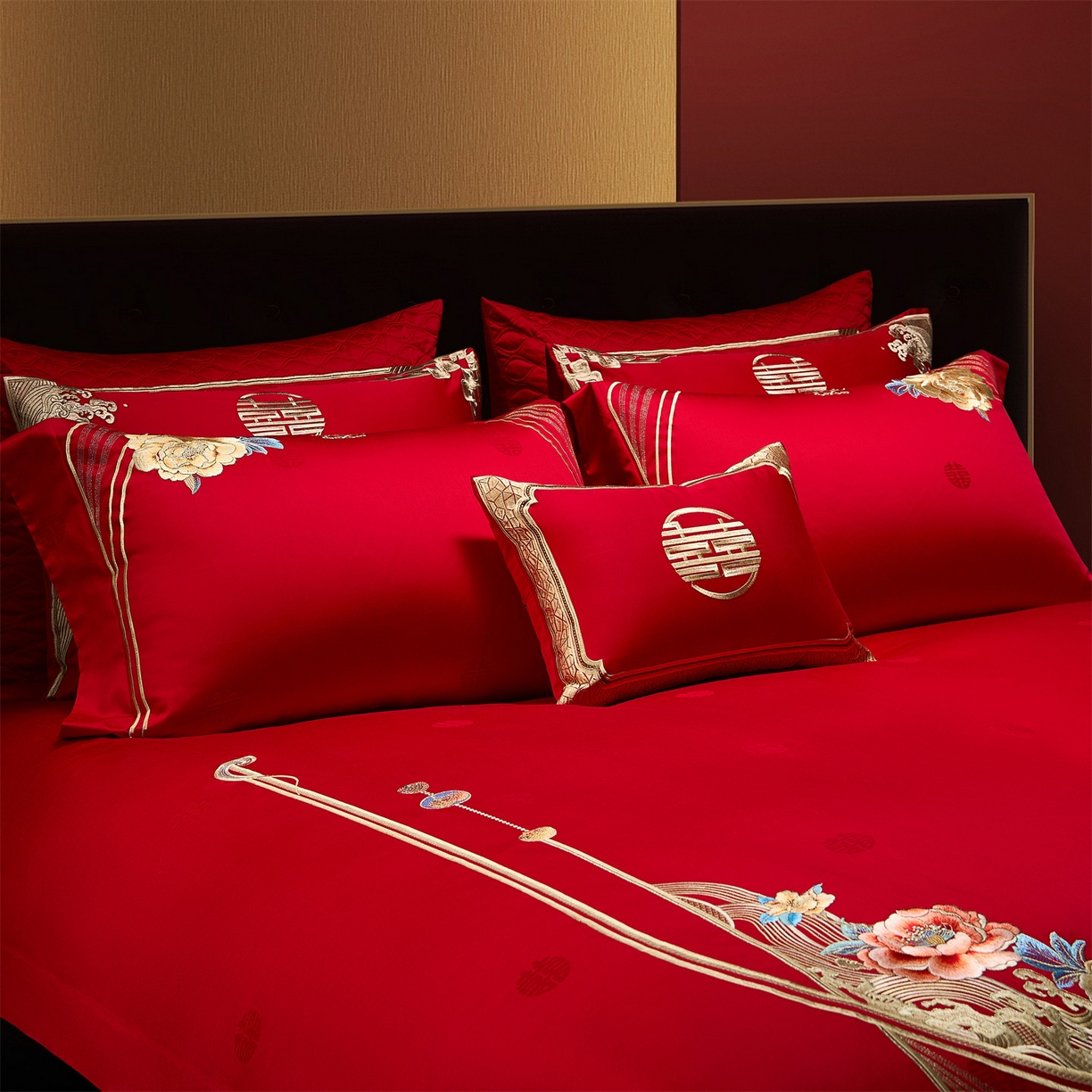 91家纺网 家纺一手货源 找家纺 美娘阁 2025新款长绒棉全棉贡缎提花款新中式古典韵味精美刺绣婚庆四件套-系列一 国色天香