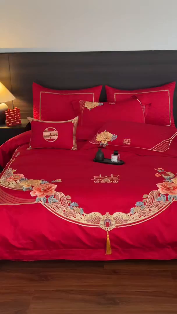 91家纺网 家纺一手货源 找家纺 美娘阁 2025新款长绒棉全棉贡缎提花款新中式古典韵味精美刺绣婚庆四件套-系列一 国色天香