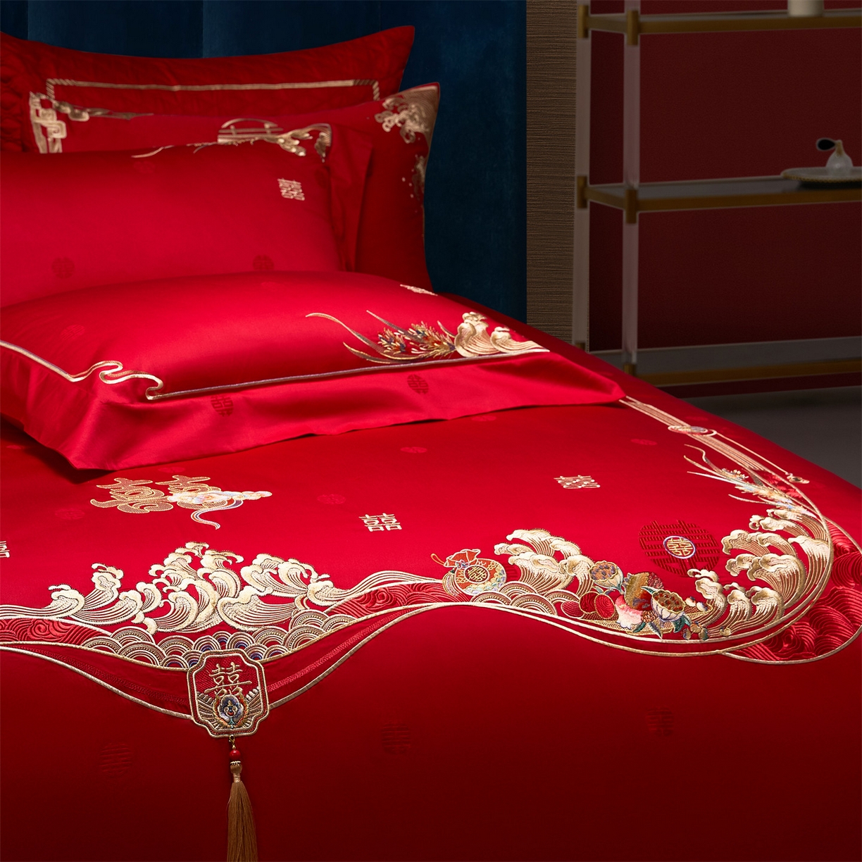 91家纺网 家纺一手货源 找家纺 美娘阁 2025新款长绒棉全棉贡缎提花款新中式古典韵味精美刺绣婚庆四件套-系列一 花间喜事