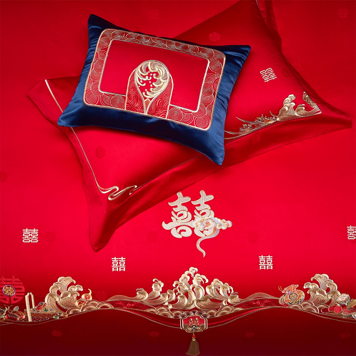 91家纺网 家纺一手货源 找家纺 美娘阁 2025新款长绒棉全棉贡缎提花款新中式古典韵味精美刺绣婚庆四件套-系列一 花间喜事