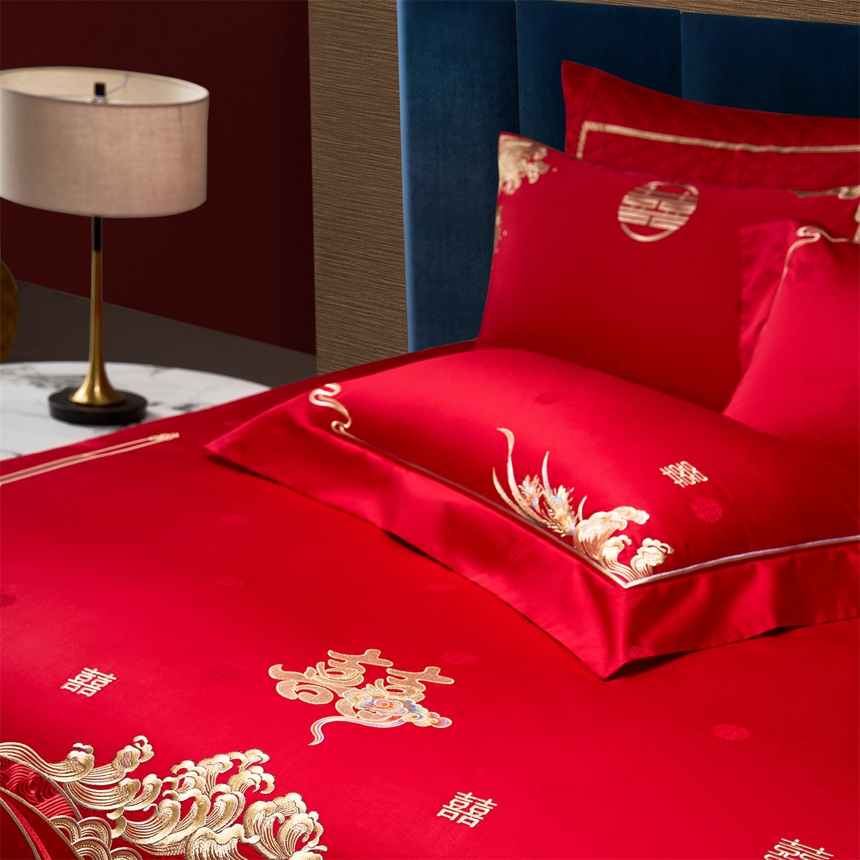 91家纺网 家纺一手货源 找家纺 美娘阁 2025新款长绒棉全棉贡缎提花款新中式古典韵味精美刺绣婚庆四件套-系列一 花间喜事