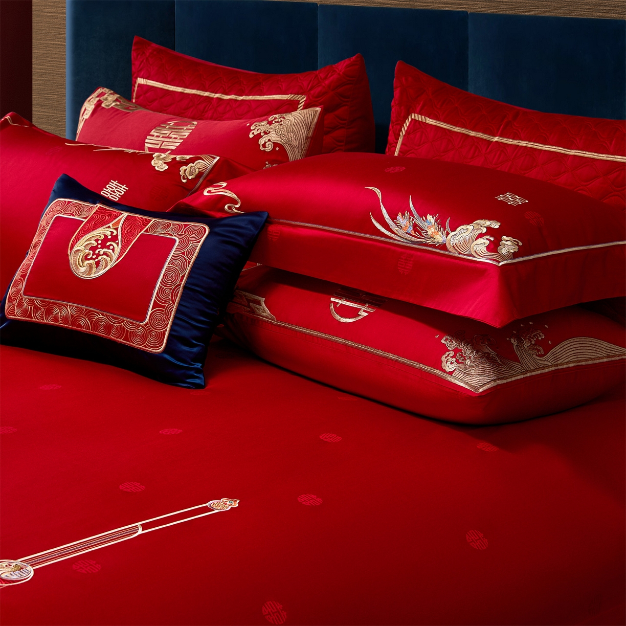 91家纺网 家纺一手货源 找家纺 美娘阁 2025新款长绒棉全棉贡缎提花款新中式古典韵味精美刺绣婚庆四件套-系列一 花间喜事