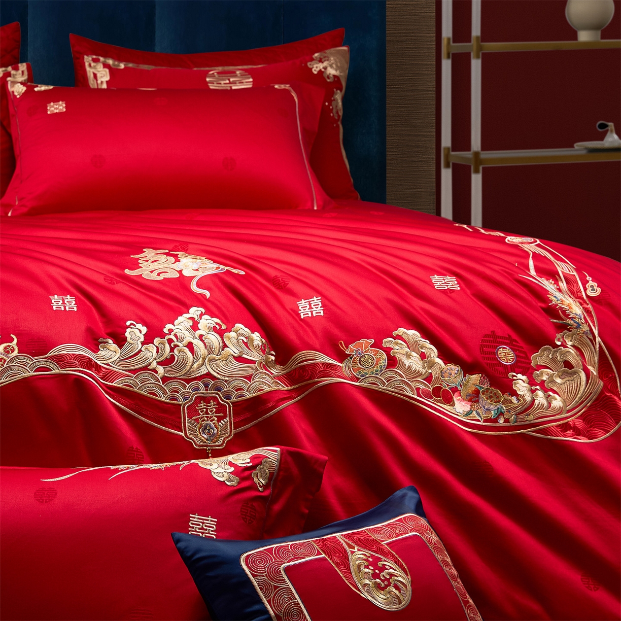 91家纺网 家纺一手货源 找家纺 美娘阁 2025新款长绒棉全棉贡缎提花款新中式古典韵味精美刺绣婚庆四件套-系列一 花间喜事