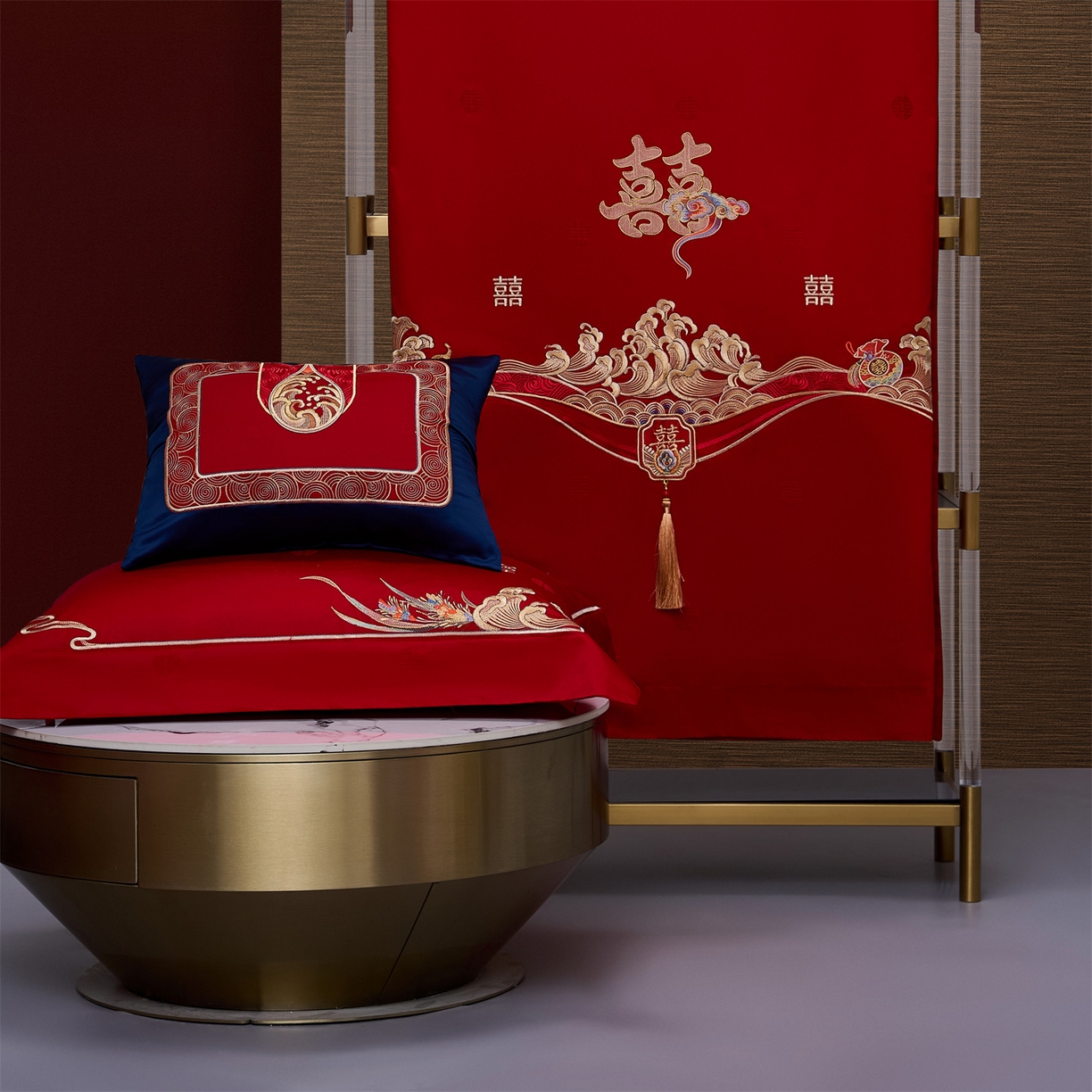 91家纺网 家纺一手货源 找家纺 美娘阁 2025新款长绒棉全棉贡缎提花款新中式古典韵味精美刺绣婚庆四件套-系列一 花间喜事