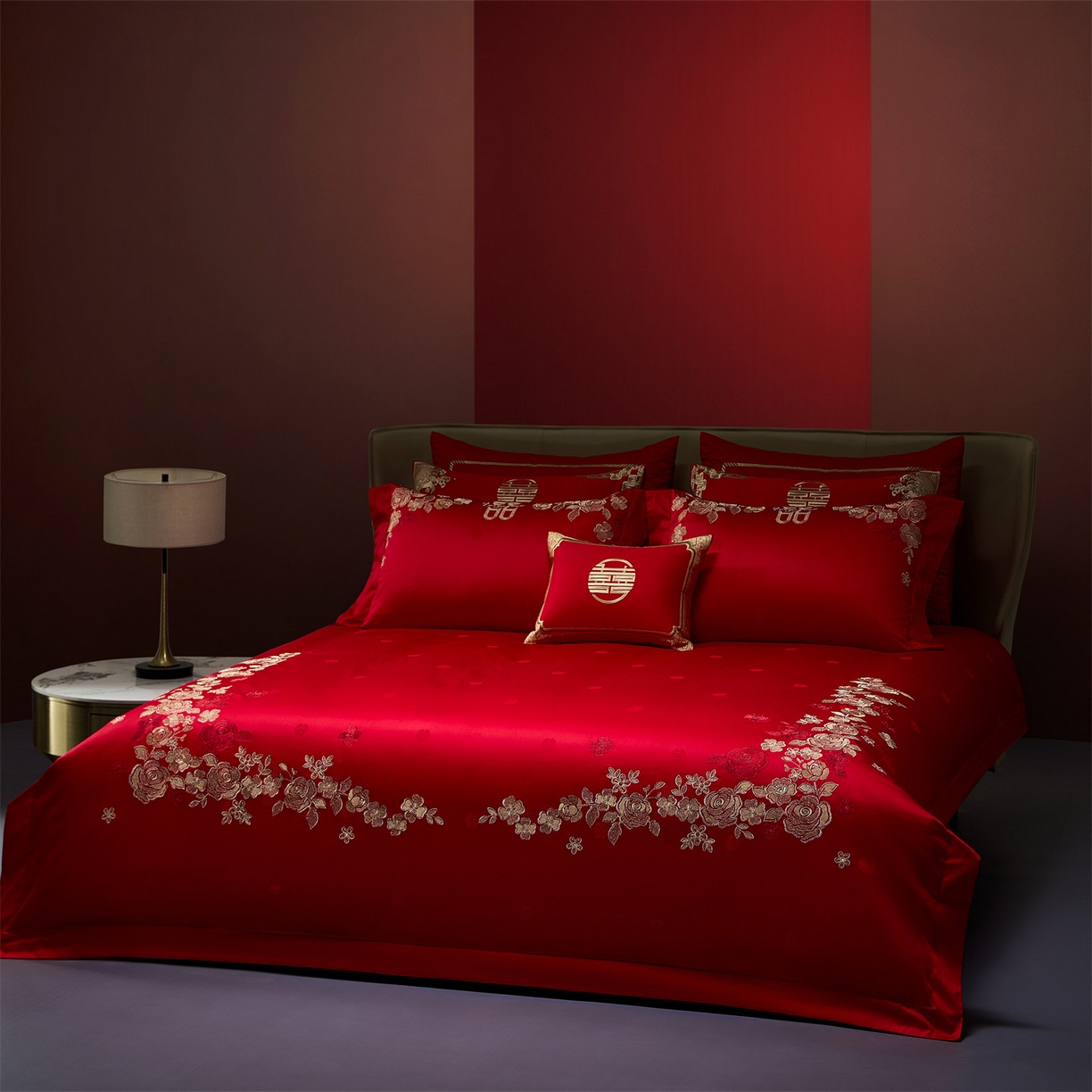 91家纺网 家纺一手货源 找家纺 美娘阁 2025新款长绒棉全棉贡缎提花款新中式古典韵味精美刺绣婚庆四件套-系列一 浪漫玫瑰-金