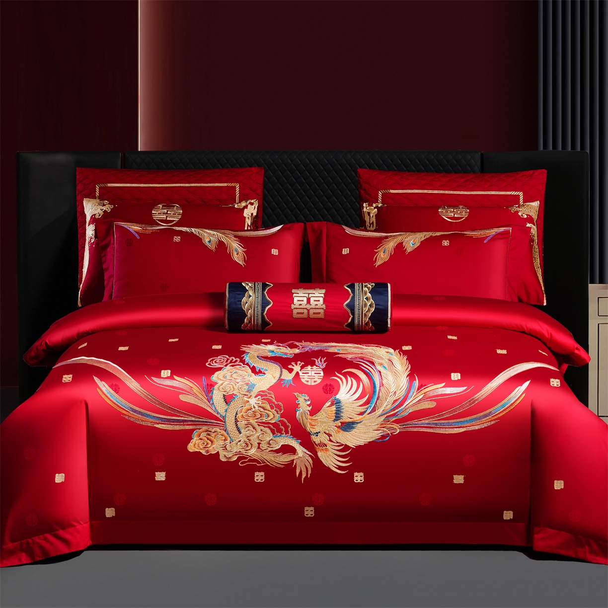 美娘阁 2025新款长绒棉全棉贡缎提花款新中式古典韵味精美刺绣婚庆四件套-系列一 龙凤款-龙凤大喜