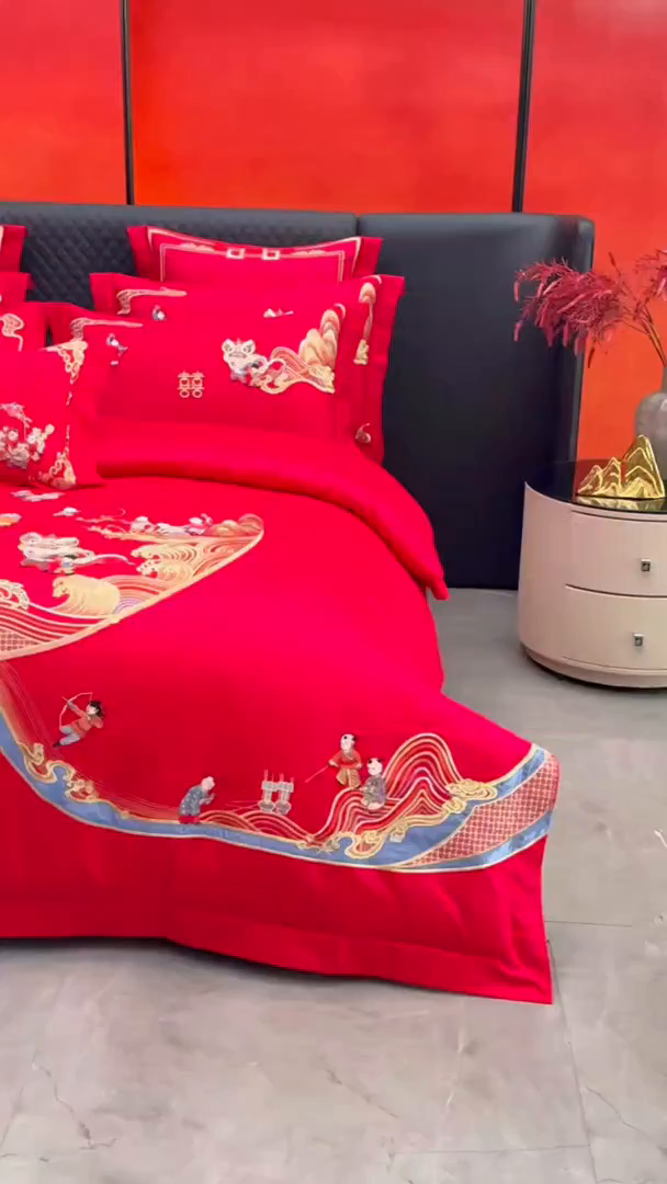 91家纺网 家纺一手货源 找家纺 （总）美娘阁 2025新款长绒棉全棉贡缎提花款新中式古典韵味精美刺绣婚庆四件套-系列三