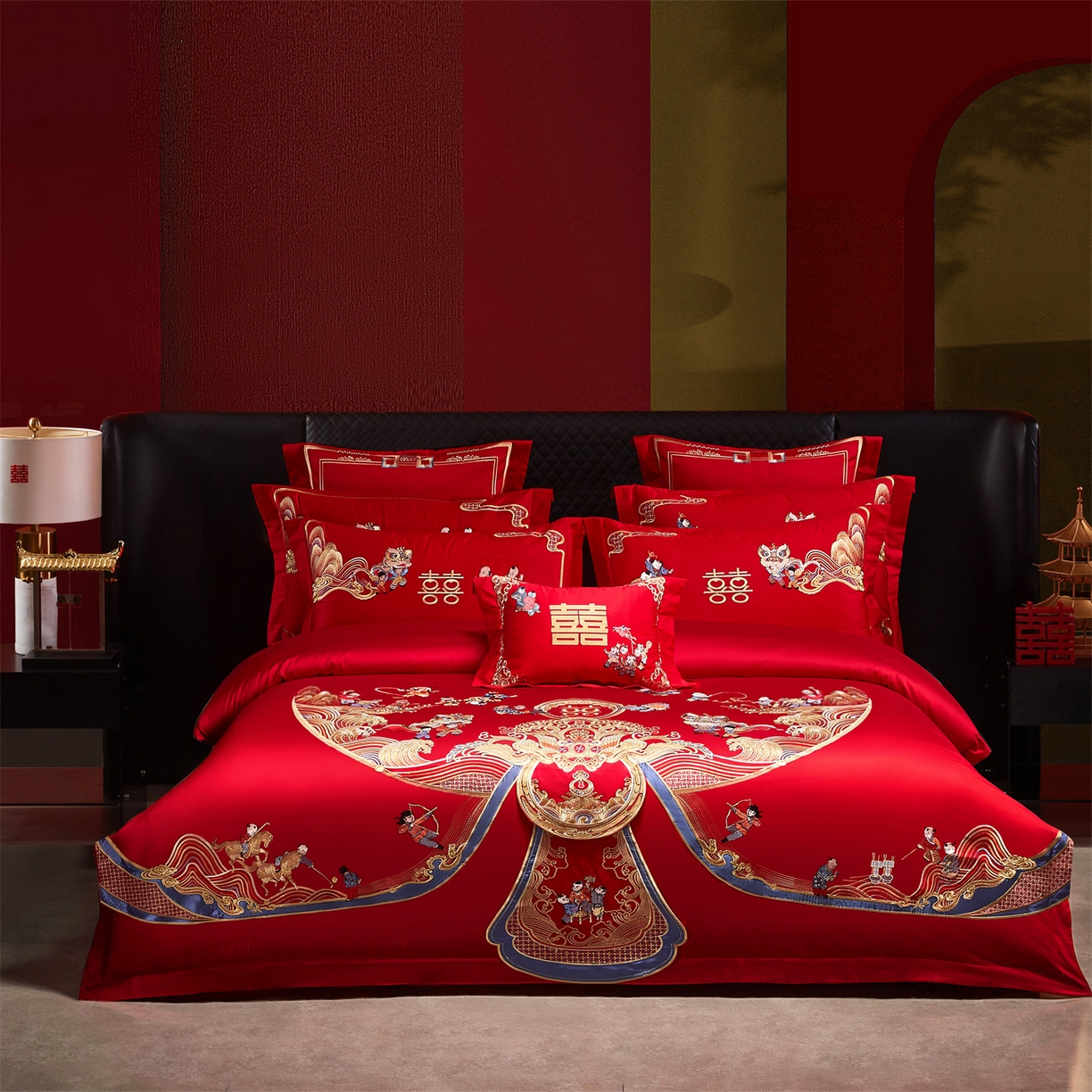 91家纺网 家纺一手货源 找家纺 （总）美娘阁 2025新款长绒棉全棉贡缎提花款新中式古典韵味精美刺绣婚庆四件套-系列二