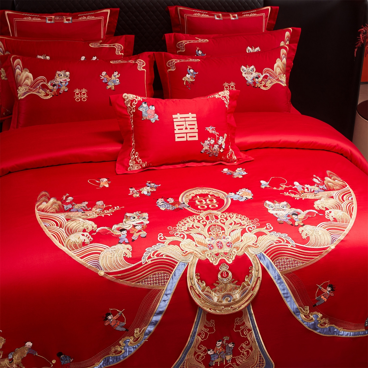 91家纺网 家纺一手货源 找家纺 （总）美娘阁 2025新款长绒棉全棉贡缎提花款新中式古典韵味精美刺绣婚庆四件套-系列三