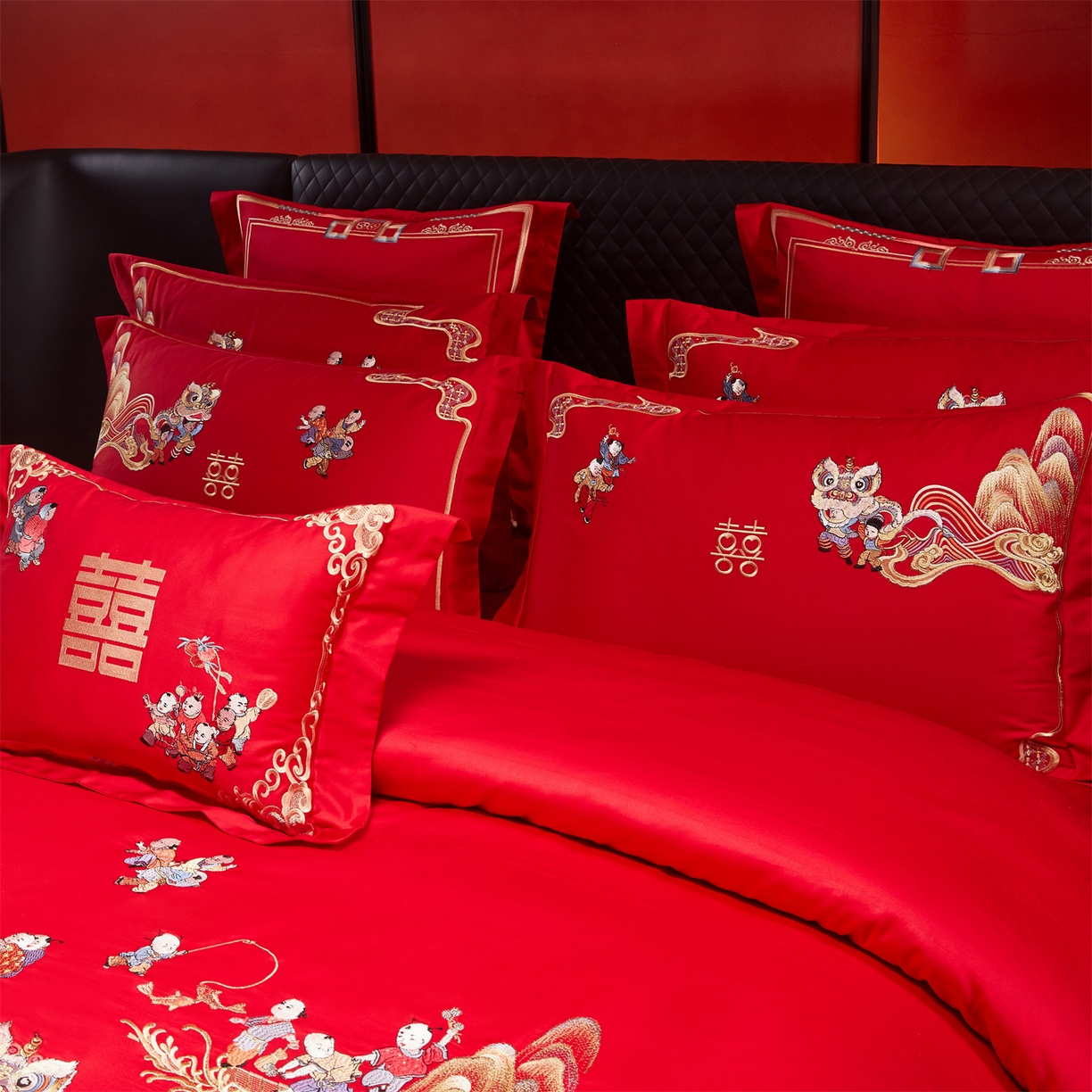 91家纺网 家纺一手货源 找家纺 （总）美娘阁 2025新款长绒棉全棉贡缎提花款新中式古典韵味精美刺绣婚庆四件套-系列三