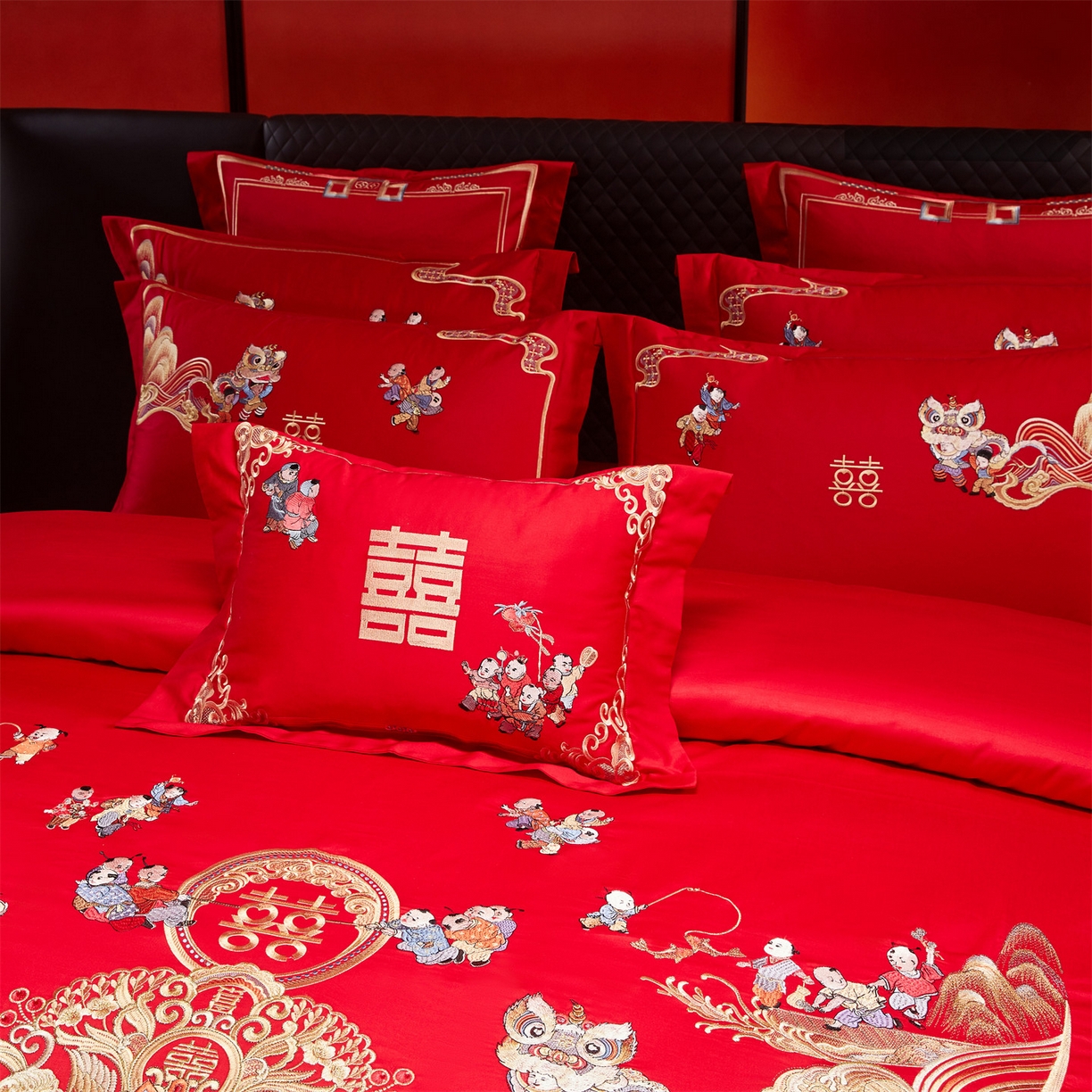 91家纺网 家纺一手货源 找家纺 （总）美娘阁 2025新款长绒棉全棉贡缎提花款新中式古典韵味精美刺绣婚庆四件套-系列三