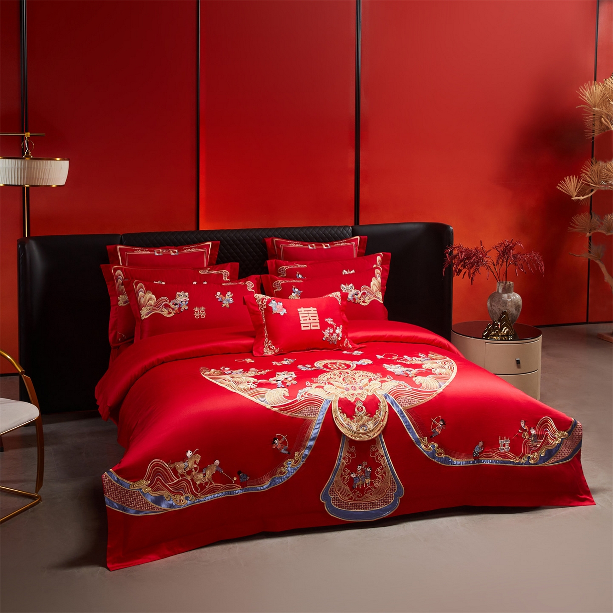 91家纺网 家纺一手货源 找家纺 （总）美娘阁 2025新款长绒棉全棉贡缎提花款新中式古典韵味精美刺绣婚庆四件套-系列三