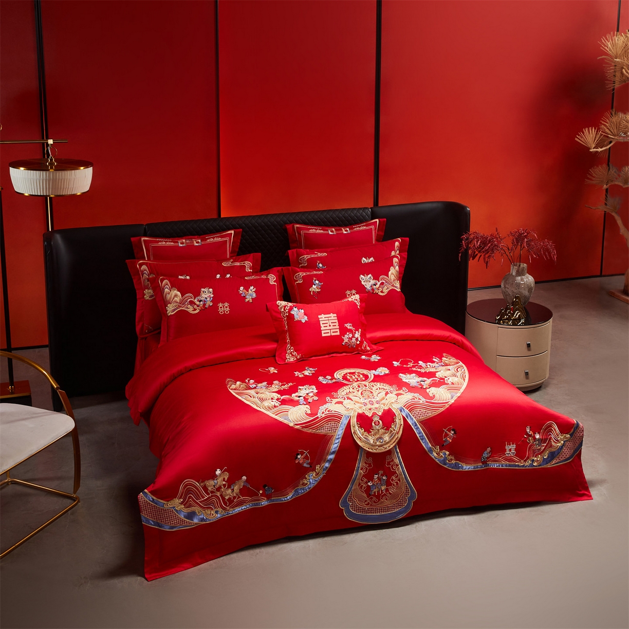 91家纺网 家纺一手货源 找家纺 （总）美娘阁 2025新款长绒棉全棉贡缎提花款新中式古典韵味精美刺绣婚庆四件套-系列三