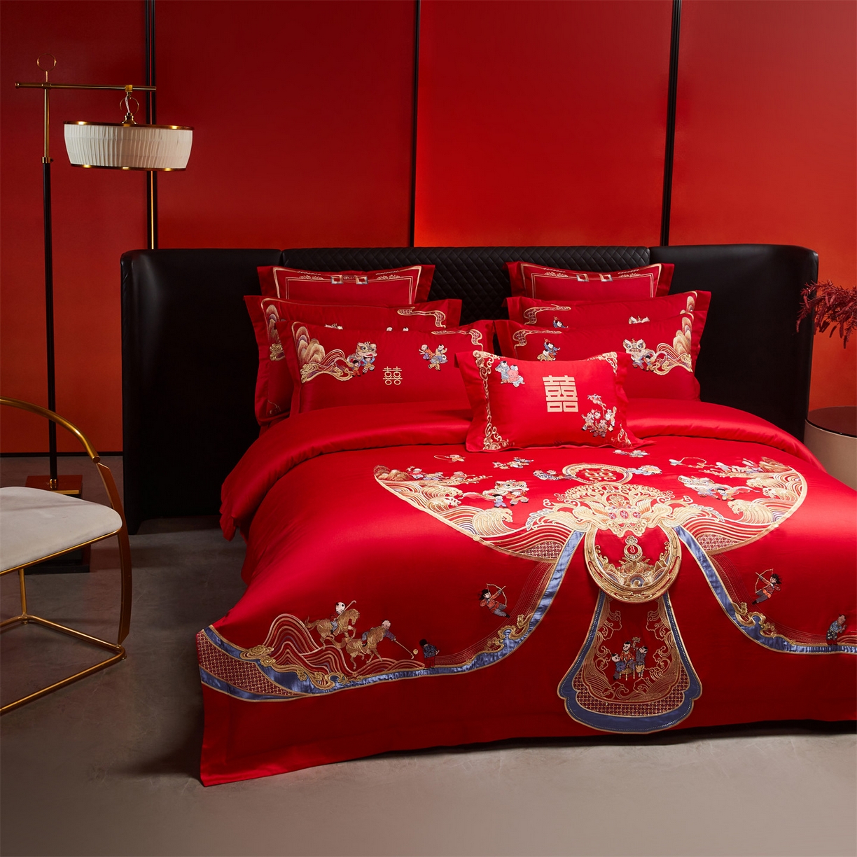 91家纺网 家纺一手货源 找家纺 （总）美娘阁 2025新款长绒棉全棉贡缎提花款新中式古典韵味精美刺绣婚庆四件套-系列三