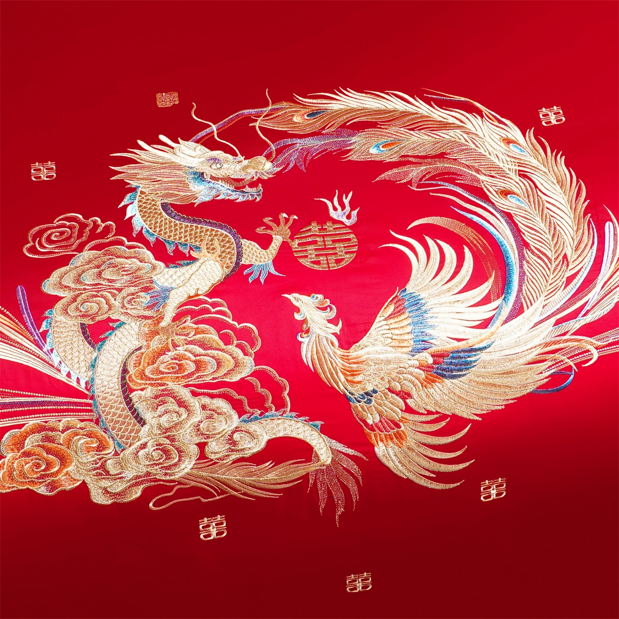 91家纺网 家纺一手货源 找家纺 美娘阁 2025新款长绒棉全棉贡缎提花款新中式古典韵味精美刺绣婚庆四件套-系列一 龙凤款-龙凤大喜