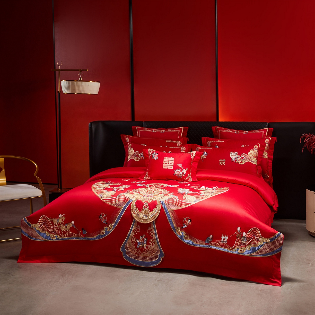 91家纺网 家纺一手货源 找家纺 （总）美娘阁 2025新款长绒棉全棉贡缎提花款新中式古典韵味精美刺绣婚庆四件套-系列三