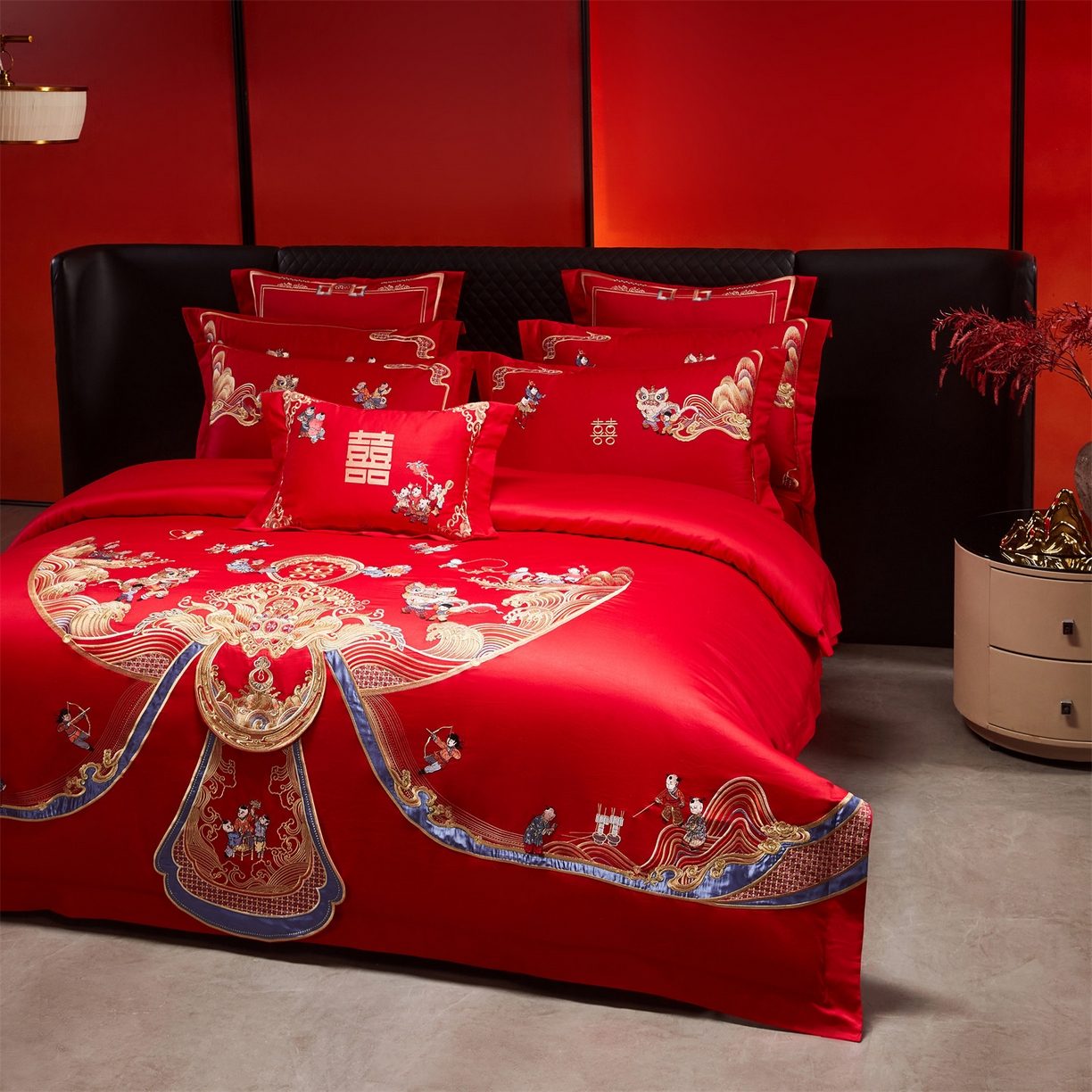 91家纺网 家纺一手货源 找家纺 （总）美娘阁 2025新款长绒棉全棉贡缎提花款新中式古典韵味精美刺绣婚庆四件套-系列三