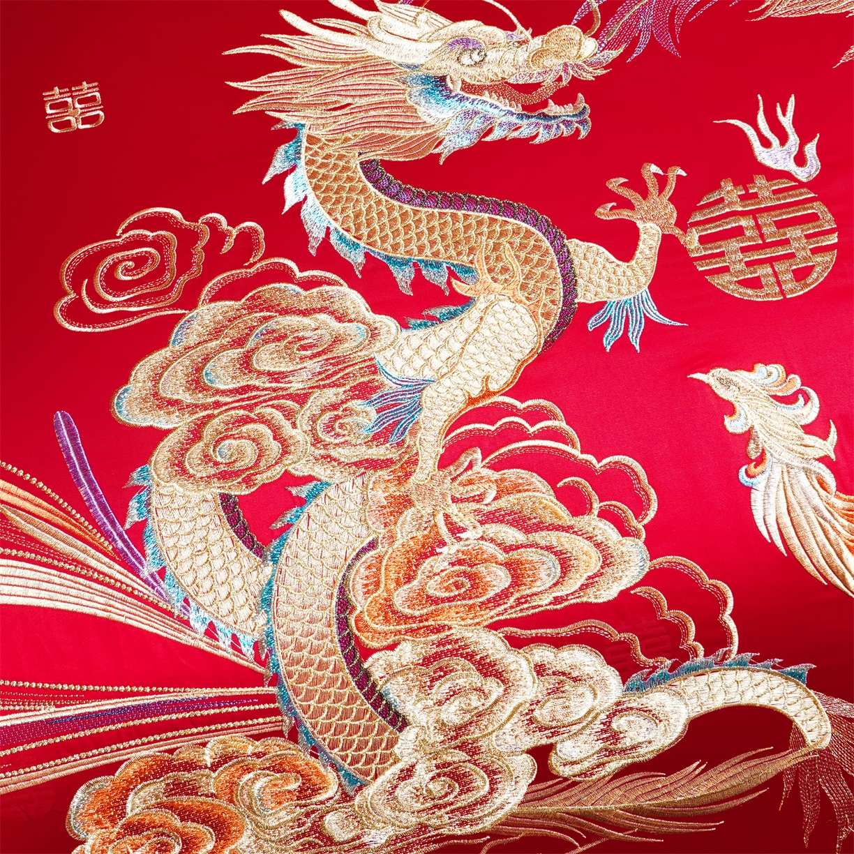 91家纺网 家纺一手货源 找家纺 美娘阁 2025新款长绒棉全棉贡缎提花款新中式古典韵味精美刺绣婚庆四件套-系列一 龙凤款-龙凤大喜