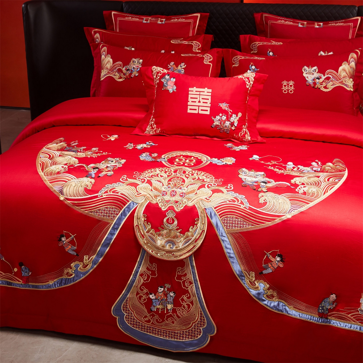 91家纺网 家纺一手货源 找家纺 （总）美娘阁 2025新款长绒棉全棉贡缎提花款新中式古典韵味精美刺绣婚庆四件套-系列三