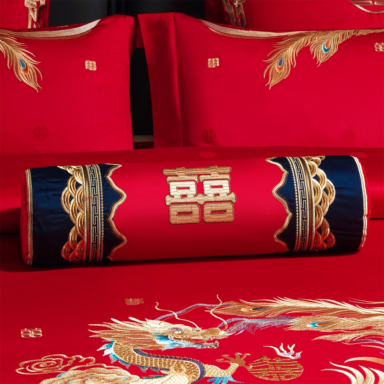 91家纺网 家纺一手货源 找家纺 美娘阁 2025新款长绒棉全棉贡缎提花款新中式古典韵味精美刺绣婚庆四件套-系列一 龙凤款-龙凤大喜