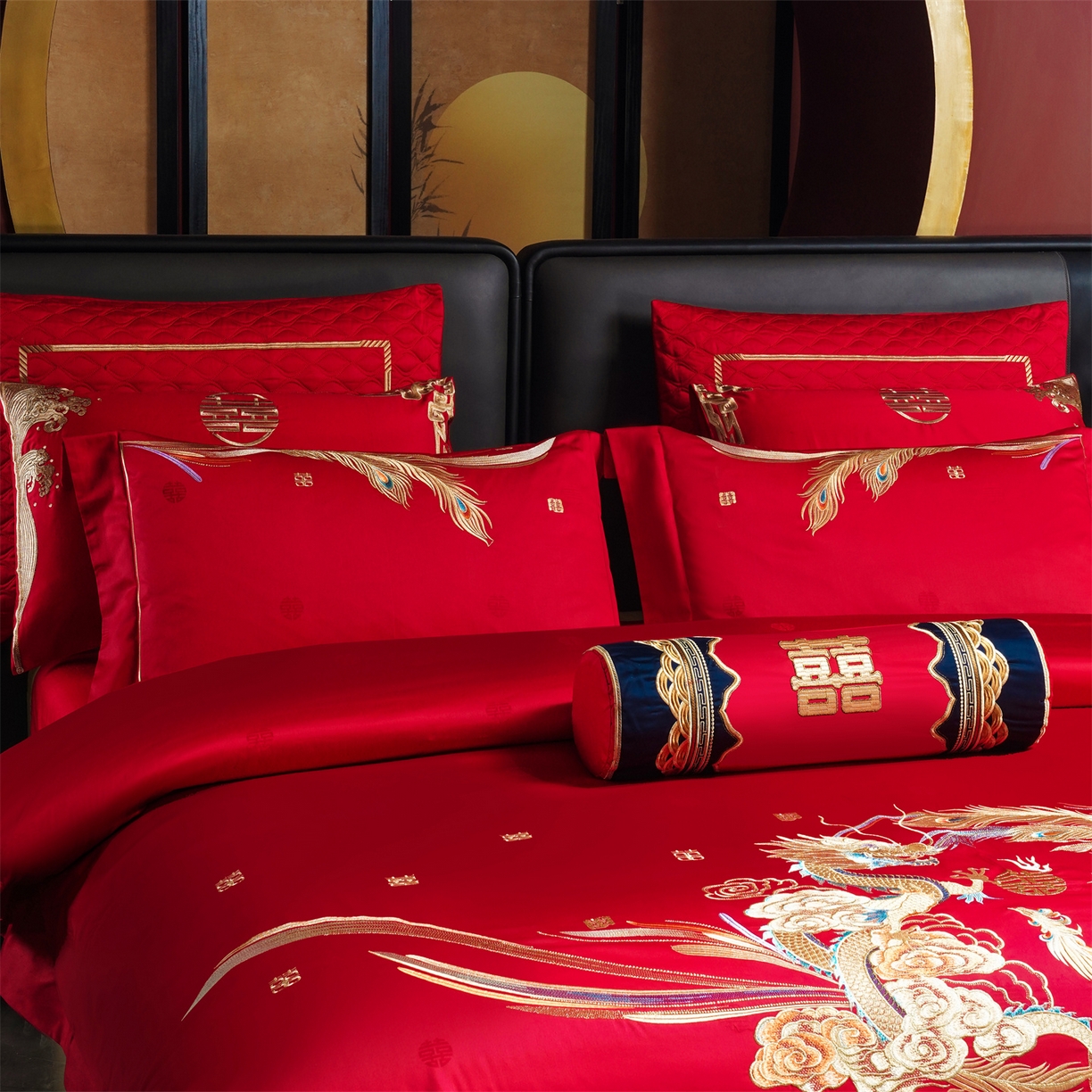 91家纺网 家纺一手货源 找家纺 美娘阁 2025新款长绒棉全棉贡缎提花款新中式古典韵味精美刺绣婚庆四件套-系列一 龙凤款-龙凤大喜