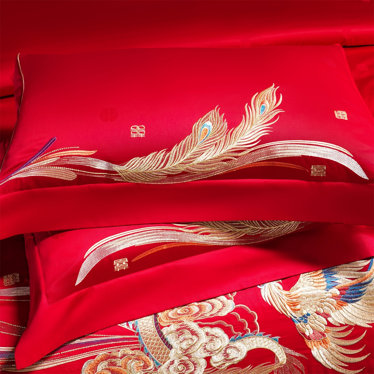 91家纺网 家纺一手货源 找家纺 美娘阁 2025新款长绒棉全棉贡缎提花款新中式古典韵味精美刺绣婚庆四件套-系列一 龙凤款-龙凤大喜