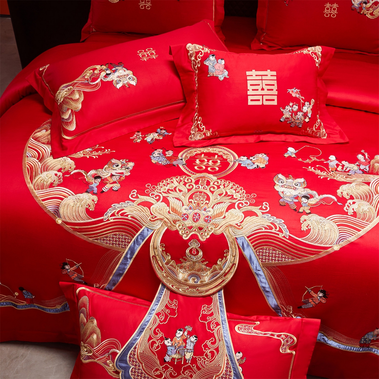 91家纺网 家纺一手货源 找家纺 （总）美娘阁 2025新款长绒棉全棉贡缎提花款新中式古典韵味精美刺绣婚庆四件套-系列三