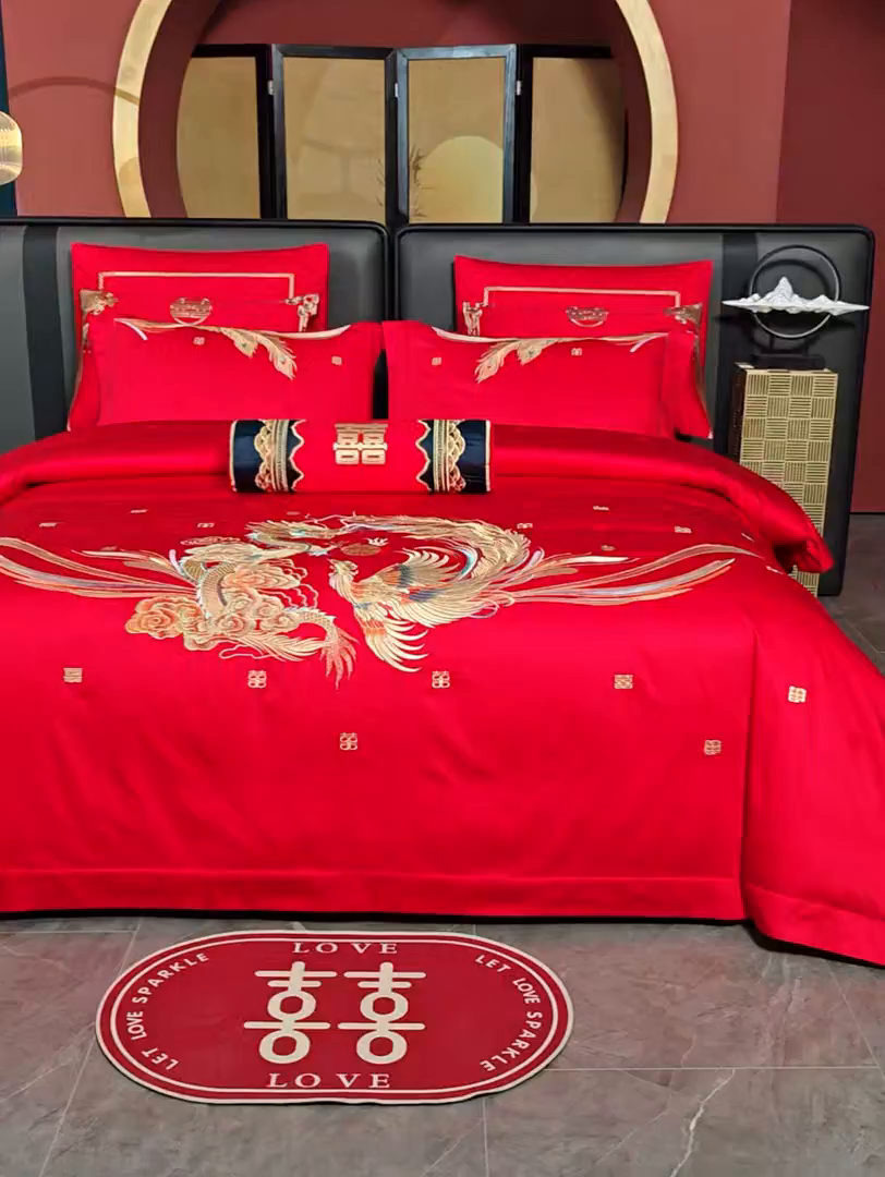 91家纺网 家纺一手货源 找家纺 美娘阁 2025新款长绒棉全棉贡缎提花款新中式古典韵味精美刺绣婚庆四件套-系列一 龙凤款-龙凤大喜