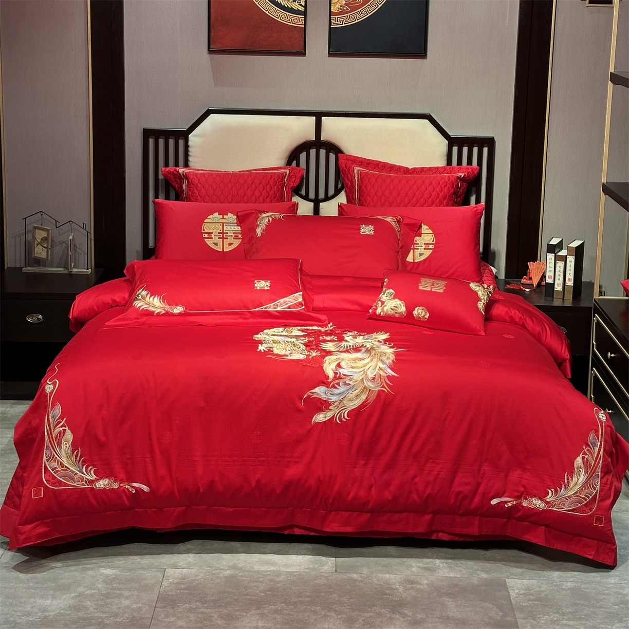 美娘阁 2025新款长绒棉全棉贡缎提花款新中式古典韵味精美刺绣婚庆四件套-系列一 龙凤款-龙凤同喜