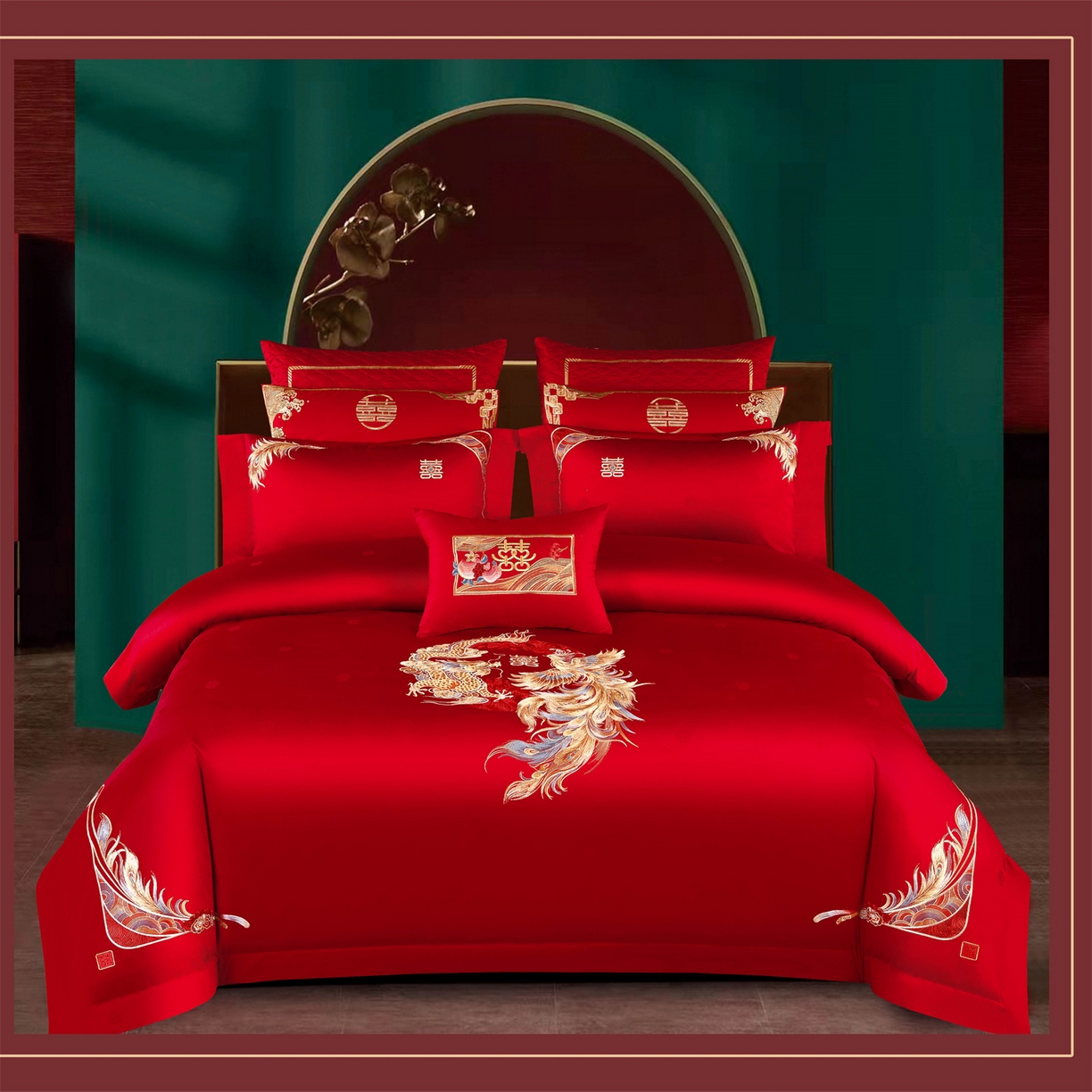 91家纺网 家纺一手货源 找家纺 美娘阁 2025新款长绒棉全棉贡缎提花款新中式古典韵味精美刺绣婚庆四件套-系列一 龙凤款-龙凤同喜