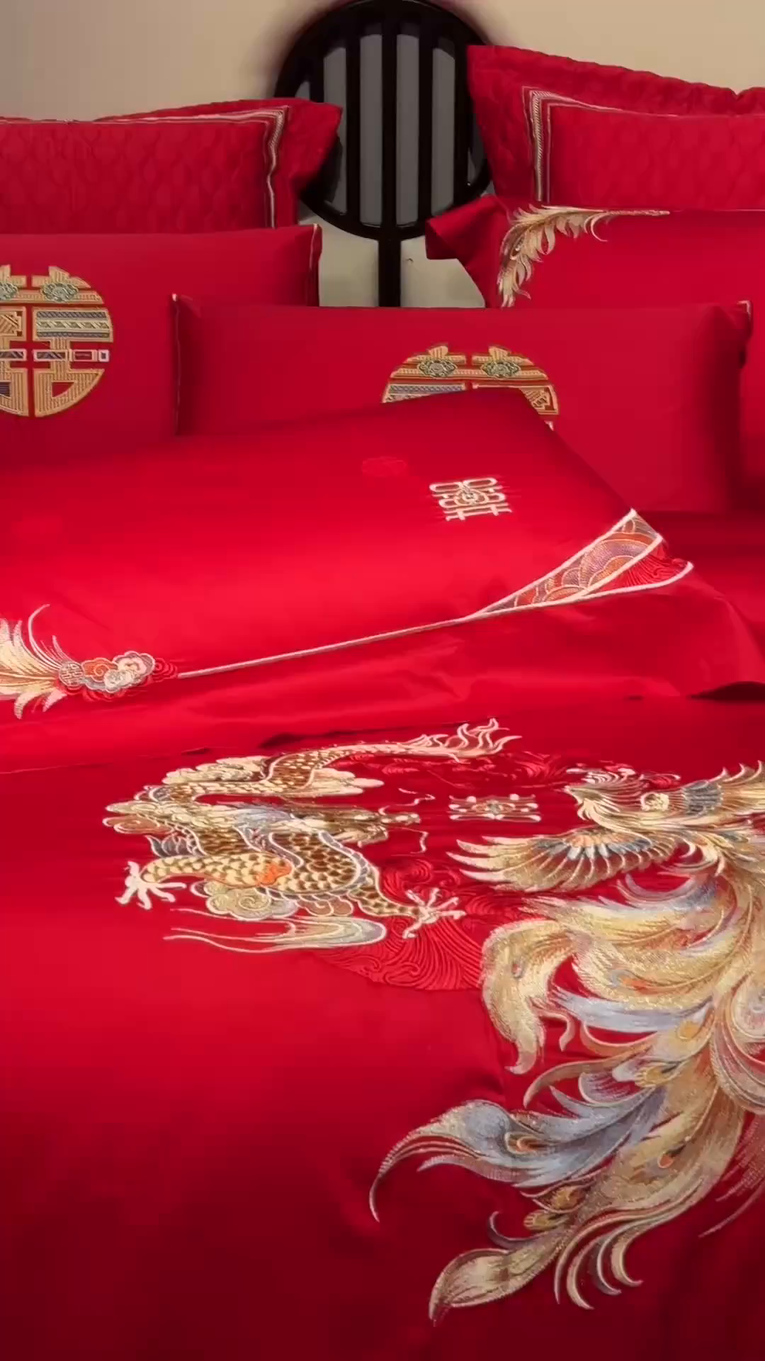 91家纺网 家纺一手货源 找家纺 美娘阁 2025新款长绒棉全棉贡缎提花款新中式古典韵味精美刺绣婚庆四件套-系列一 龙凤款-龙凤同喜