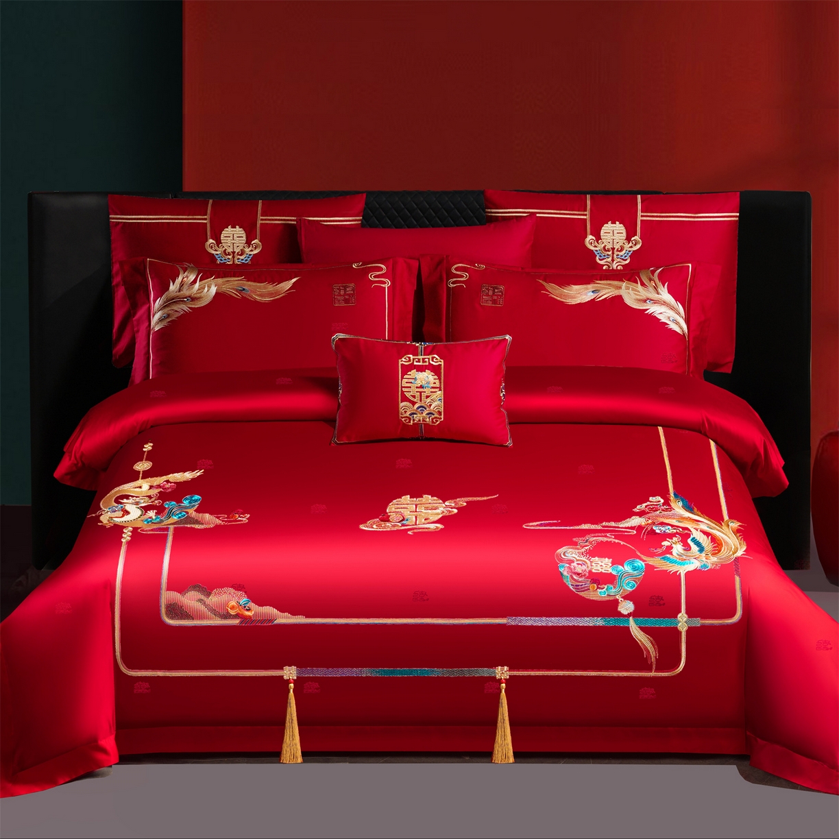 美娘阁 2025新款长绒棉全棉贡缎提花款新中式古典韵味精美刺绣婚庆四件套-系列一 龙凤款-龙凤喜韵