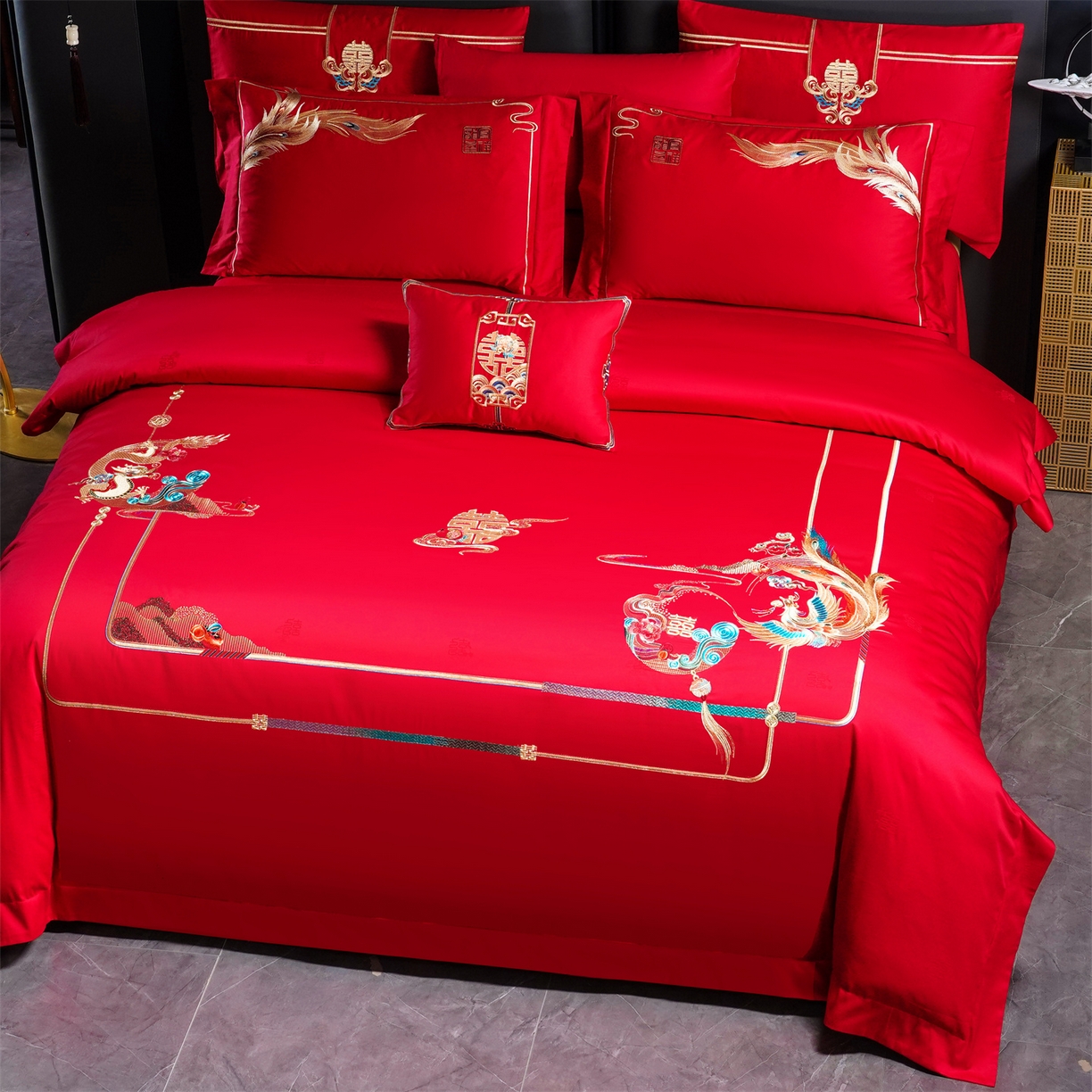 91家纺网 家纺一手货源 找家纺 美娘阁 2025新款长绒棉全棉贡缎提花款新中式古典韵味精美刺绣婚庆四件套-系列一 龙凤款-龙凤喜韵