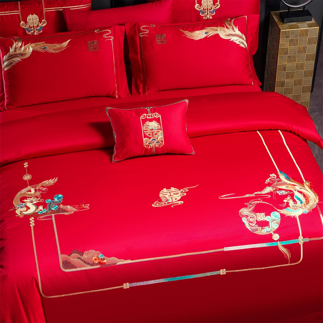 91家纺网 家纺一手货源 找家纺 美娘阁 2025新款长绒棉全棉贡缎提花款新中式古典韵味精美刺绣婚庆四件套-系列一 龙凤款-龙凤喜韵