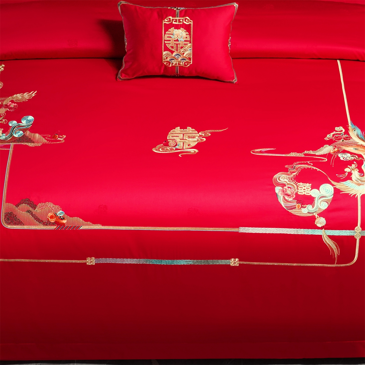 91家纺网 家纺一手货源 找家纺 美娘阁 2025新款长绒棉全棉贡缎提花款新中式古典韵味精美刺绣婚庆四件套-系列一 龙凤款-龙凤喜韵