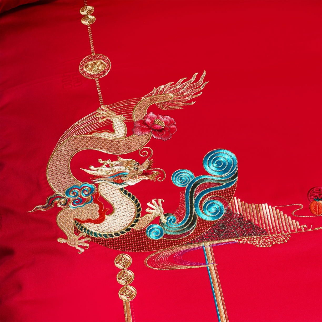 91家纺网 家纺一手货源 找家纺 美娘阁 2025新款长绒棉全棉贡缎提花款新中式古典韵味精美刺绣婚庆四件套-系列一 龙凤款-龙凤喜韵