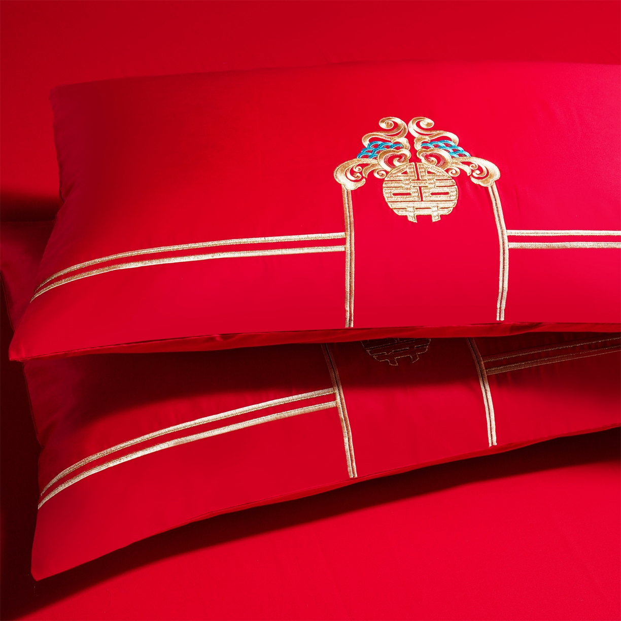 91家纺网 家纺一手货源 找家纺 美娘阁 2025新款长绒棉全棉贡缎提花款新中式古典韵味精美刺绣婚庆四件套-系列一 龙凤款-龙凤喜韵