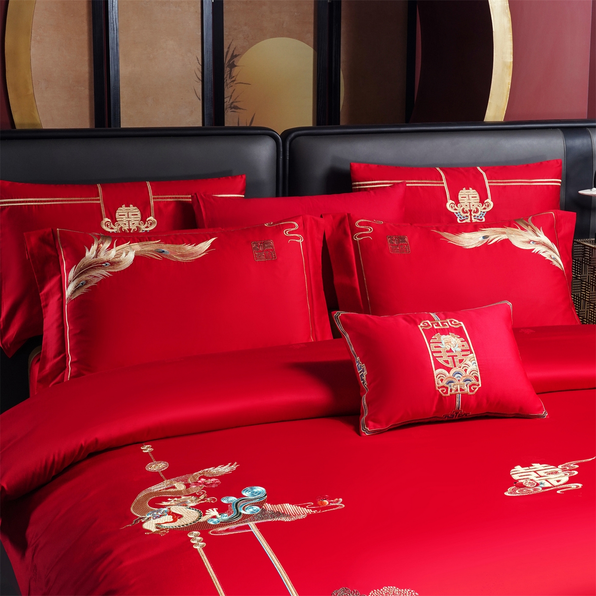 91家纺网 家纺一手货源 找家纺 美娘阁 2025新款长绒棉全棉贡缎提花款新中式古典韵味精美刺绣婚庆四件套-系列一 龙凤款-龙凤喜韵