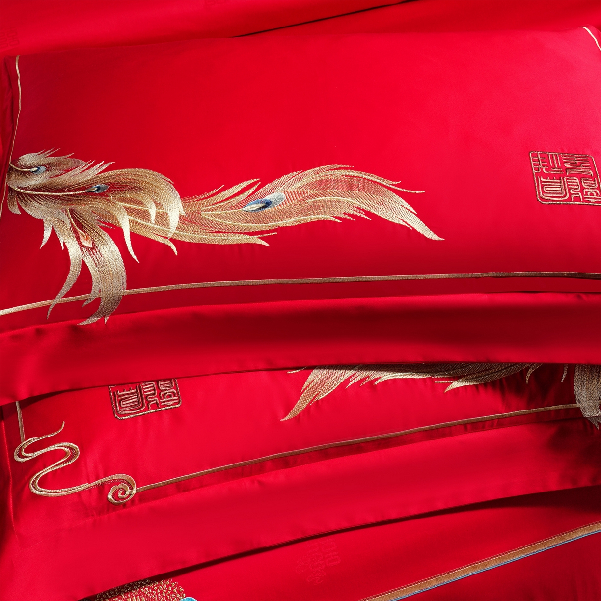 91家纺网 家纺一手货源 找家纺 美娘阁 2025新款长绒棉全棉贡缎提花款新中式古典韵味精美刺绣婚庆四件套-系列一 龙凤款-龙凤喜韵