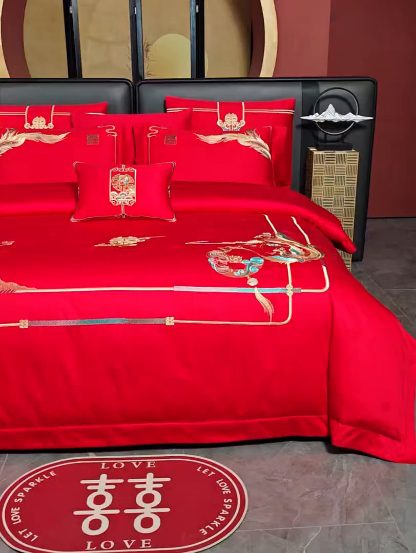 91家纺网 家纺一手货源 找家纺 美娘阁 2025新款长绒棉全棉贡缎提花款新中式古典韵味精美刺绣婚庆四件套-系列一 龙凤款-龙凤喜韵