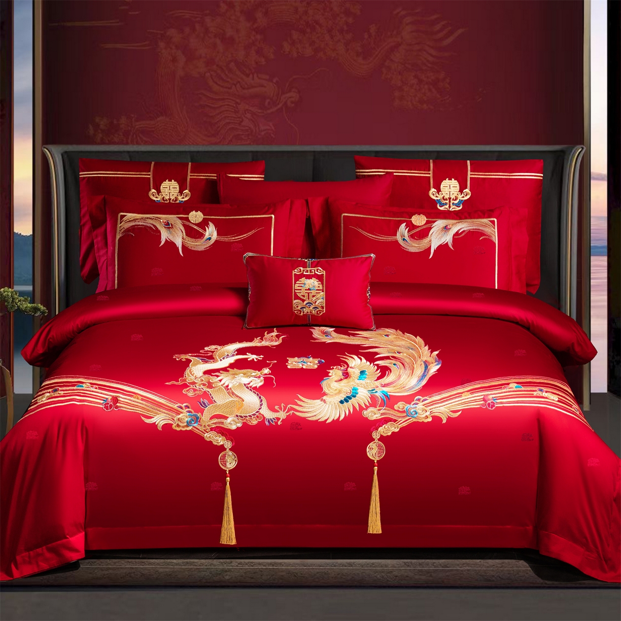 美娘阁 2025新款长绒棉全棉贡缎提花款新中式古典韵味精美刺绣婚庆四件套-系列一 龙凤款-龙华富贵