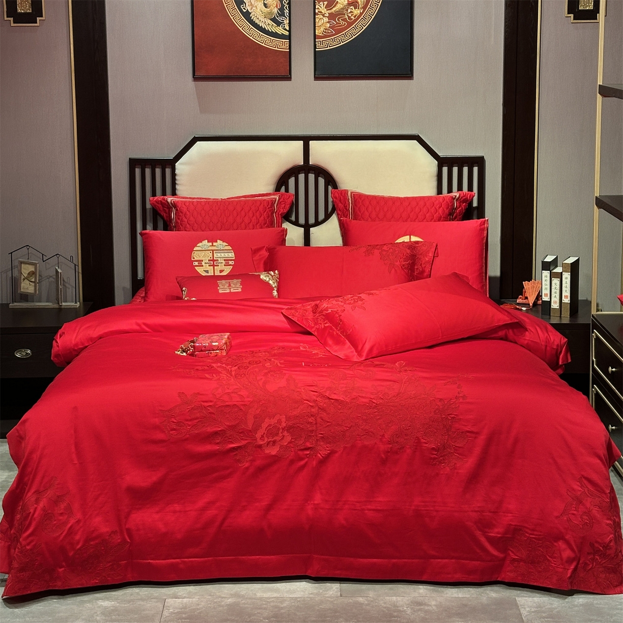 91家纺网 家纺一手货源 找家纺 （总）美娘阁 2025新款长绒棉全棉贡缎提花款新中式古典韵味精美刺绣婚庆四件套-系列三