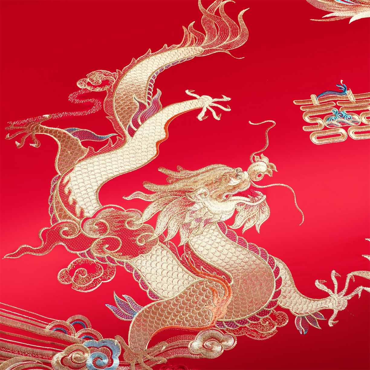 91家纺网 家纺一手货源 找家纺 美娘阁 2025新款长绒棉全棉贡缎提花款新中式古典韵味精美刺绣婚庆四件套-系列一 龙凤款-龙华富贵