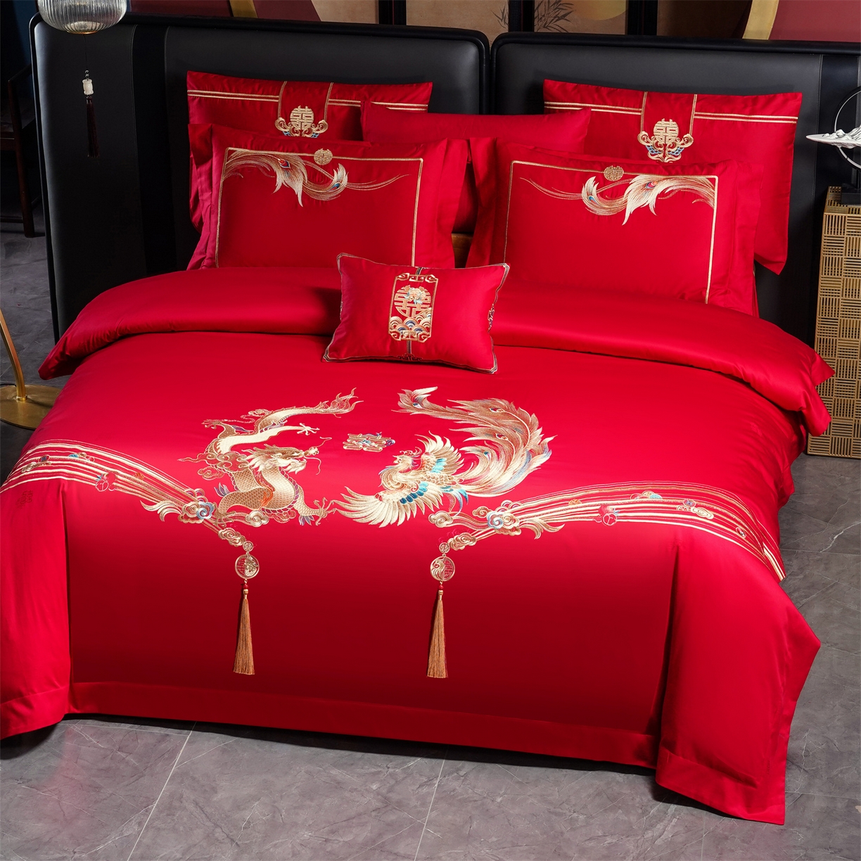 91家纺网 家纺一手货源 找家纺 美娘阁 2025新款长绒棉全棉贡缎提花款新中式古典韵味精美刺绣婚庆四件套-系列一 龙凤款-龙华富贵
