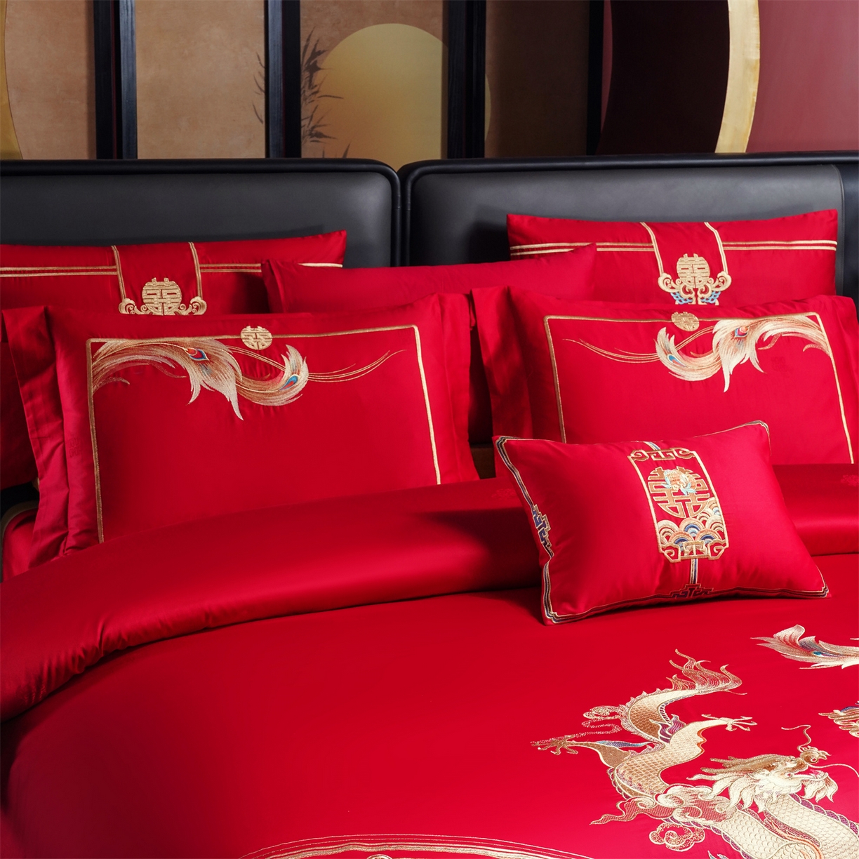 91家纺网 家纺一手货源 找家纺 美娘阁 2025新款长绒棉全棉贡缎提花款新中式古典韵味精美刺绣婚庆四件套-系列一 龙凤款-龙华富贵