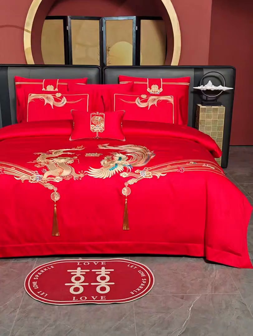 91家纺网 家纺一手货源 找家纺 美娘阁 2025新款长绒棉全棉贡缎提花款新中式古典韵味精美刺绣婚庆四件套-系列一 龙凤款-龙华富贵