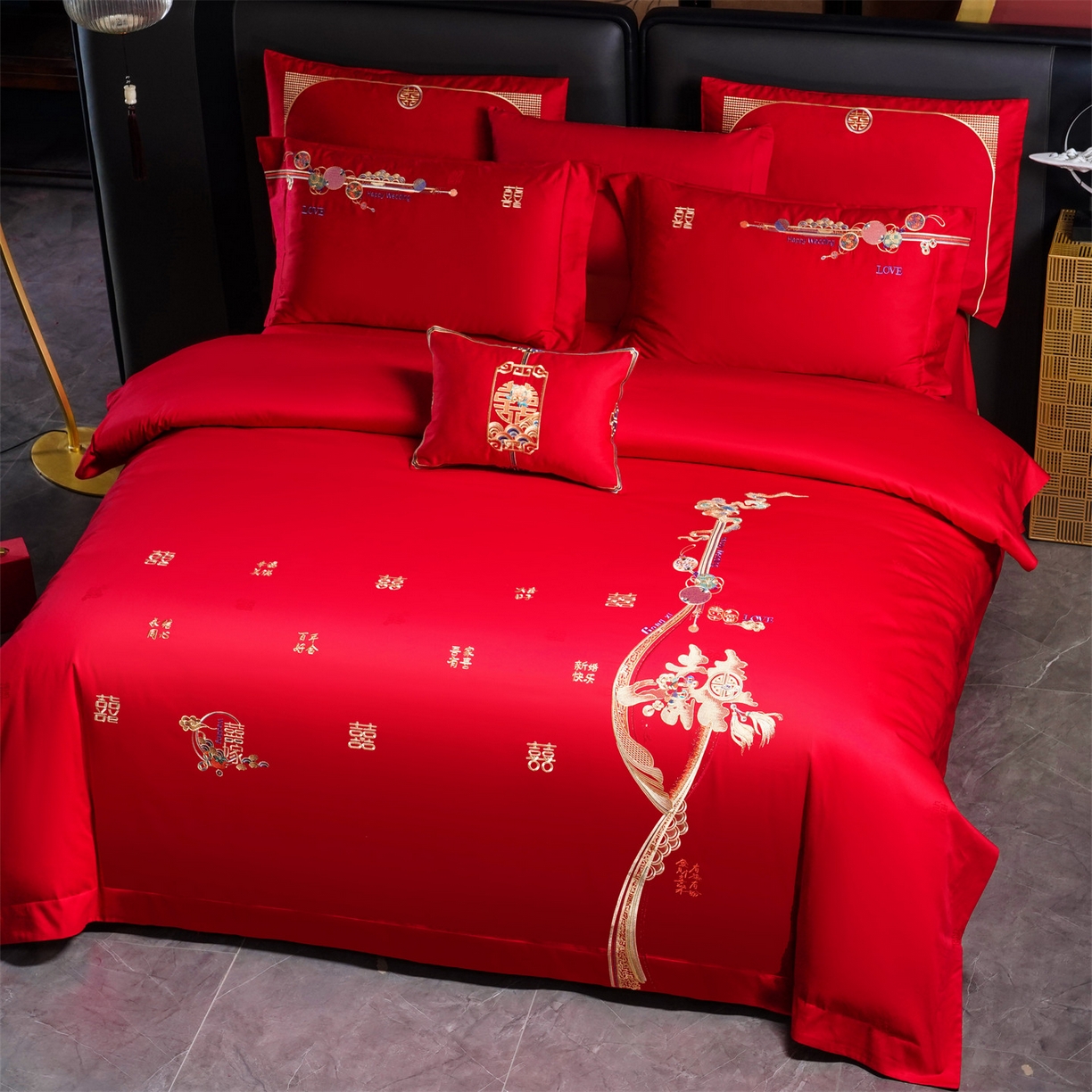 91家纺网 家纺一手货源 找家纺 美娘阁 2025新款长绒棉全棉贡缎提花款新中式古典韵味精美刺绣婚庆四件套-系列一 千喜爱恋