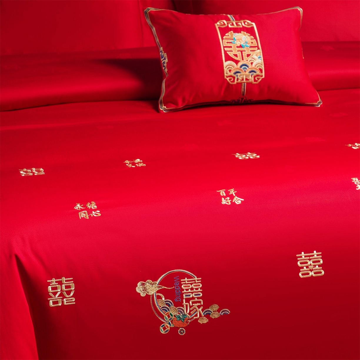 91家纺网 家纺一手货源 找家纺 美娘阁 2025新款长绒棉全棉贡缎提花款新中式古典韵味精美刺绣婚庆四件套-系列一 千喜爱恋