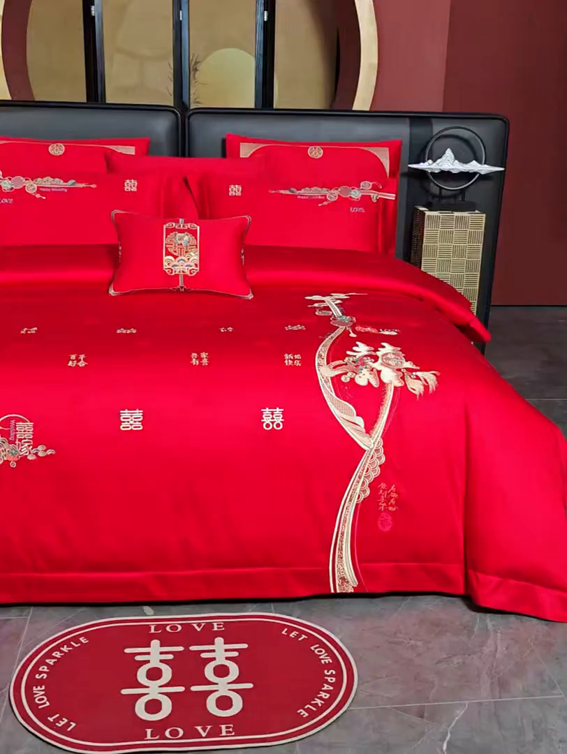 91家纺网 家纺一手货源 找家纺 美娘阁 2025新款长绒棉全棉贡缎提花款新中式古典韵味精美刺绣婚庆四件套-系列一 千喜爱恋